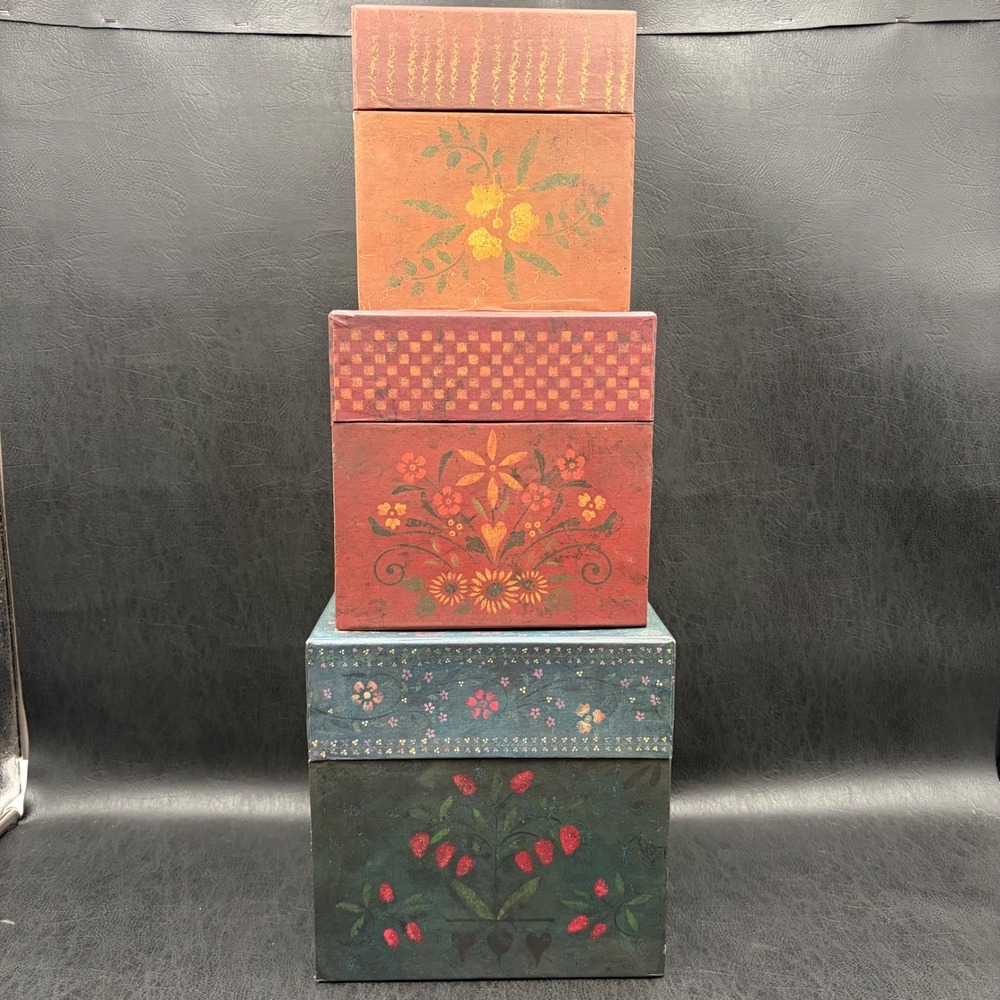 Bobs Boxes Primitive Organic Colors Nesting Storage Box Set 3 Floral Folk Art